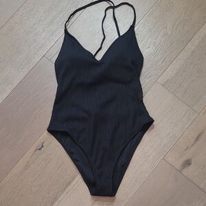 NWT Forever 21 Swimsuit Women's sz L Black Ribbed Tie Back One Piece Swimwear
